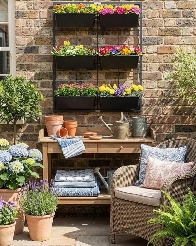 Brick Wall Corner With Tiered Planter Boxes
