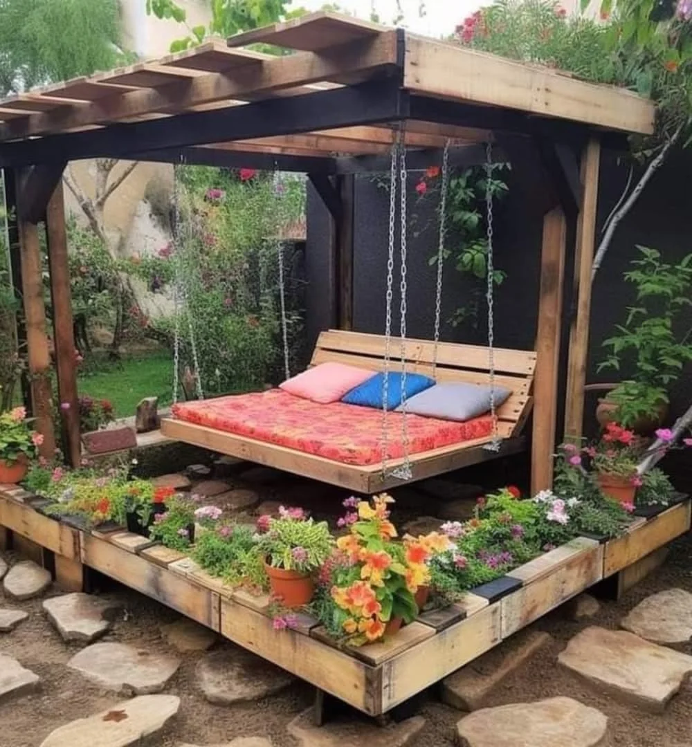 Charming Pergola Swing Surrounded by Flowers