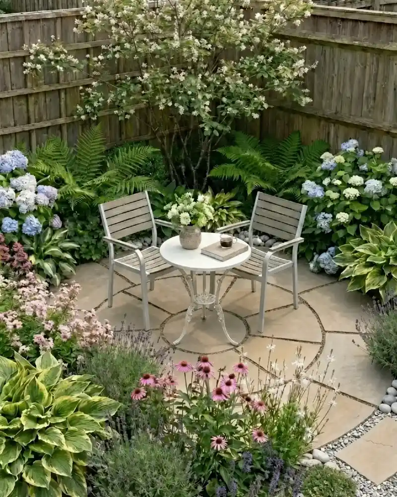 Circular Stone Patio Framed By Hydrangeas