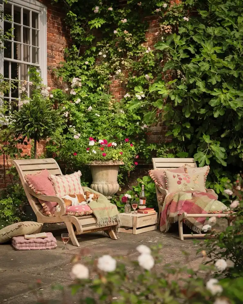 Cottage Lounge Chairs Against a Brick Wall