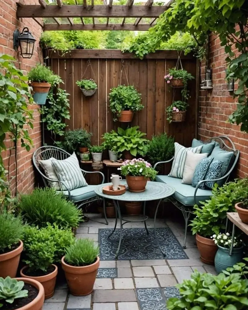 Cozy Courtyard Nook With Layered Potted Greenery