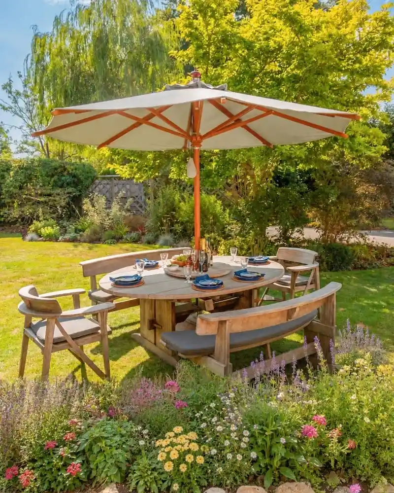 Curved Bench Dining Set Under a Canopy