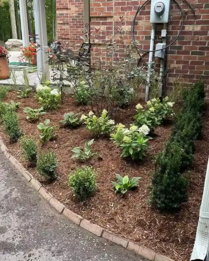 Curved Garden Bed Along A Brick Walkway