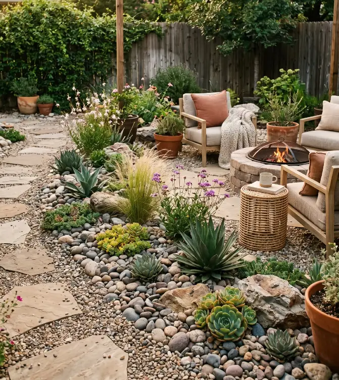 Flagstone Pathway And Fire Pit Rockery