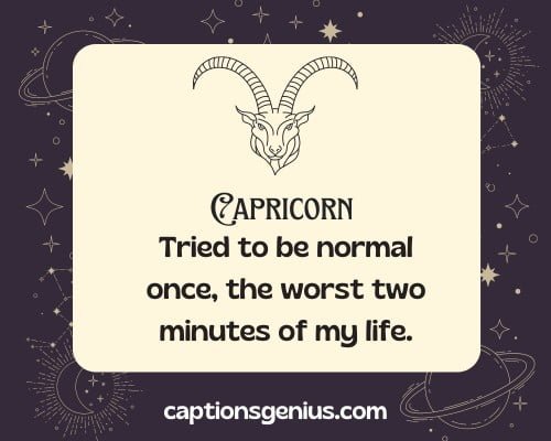 Funny Capricorn Captions For Instagram - Tried to be normal once, the worst two minutes of my life. 
