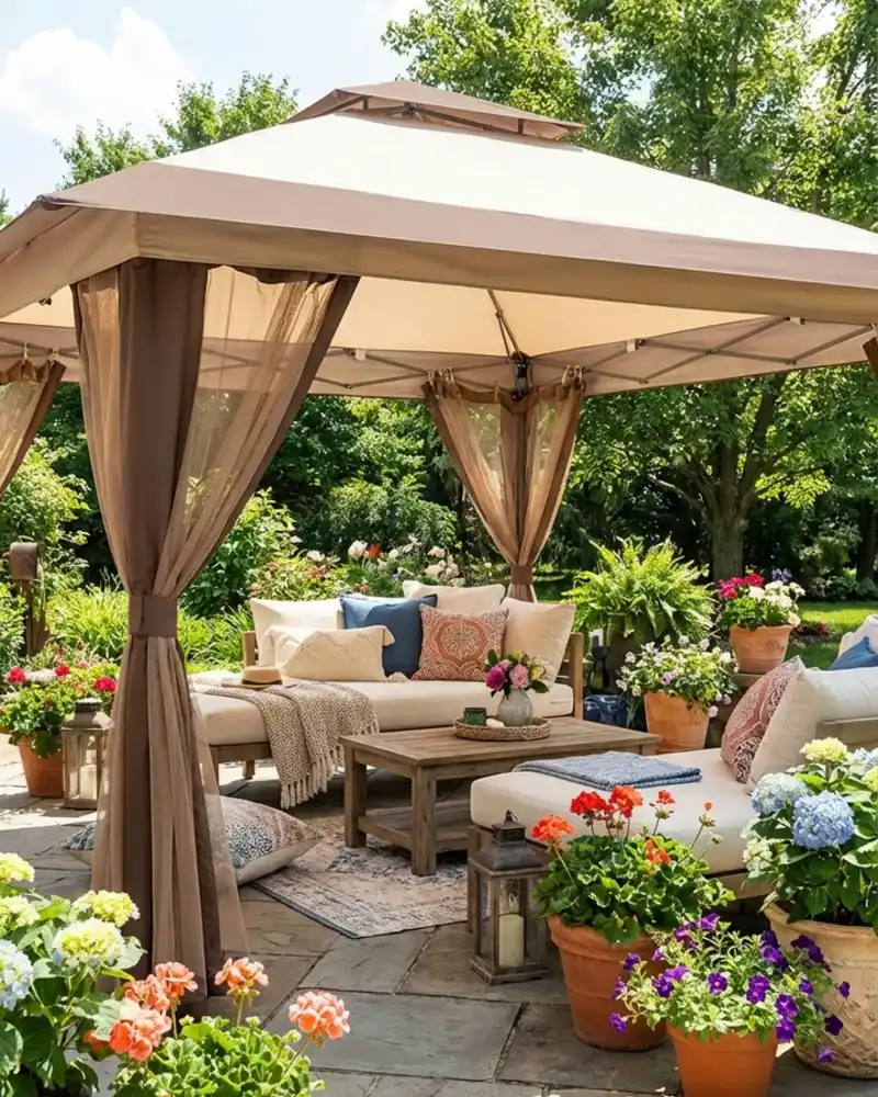 Gazebo Retreat with Floral Cushions