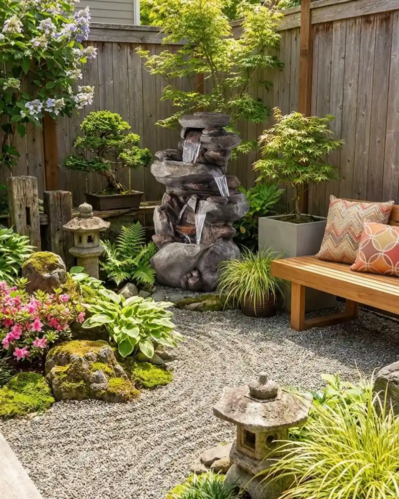 Japanese-Inspired Corner With A Stone Fountain