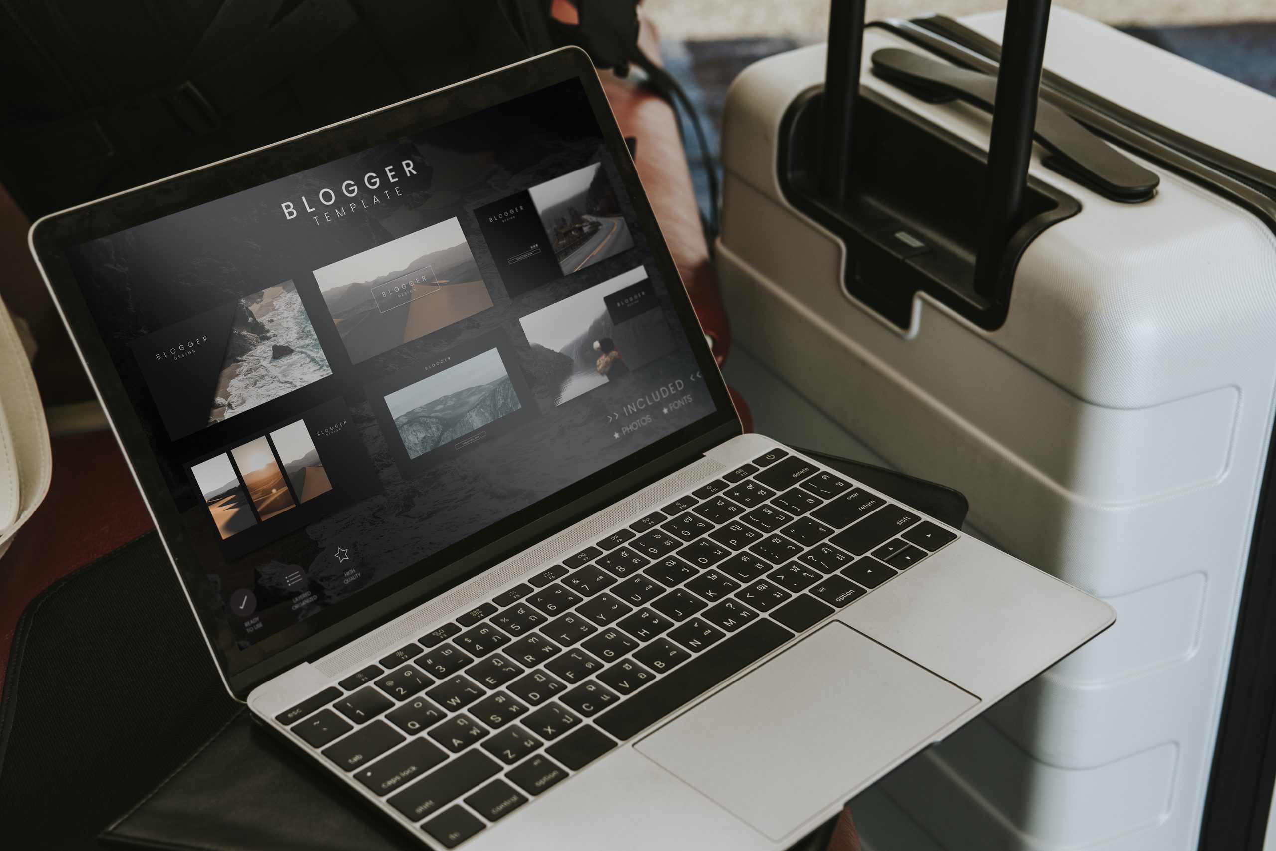Blogger laptop by a luggage at the airport Leaving Valuables During Bathroom Breaks