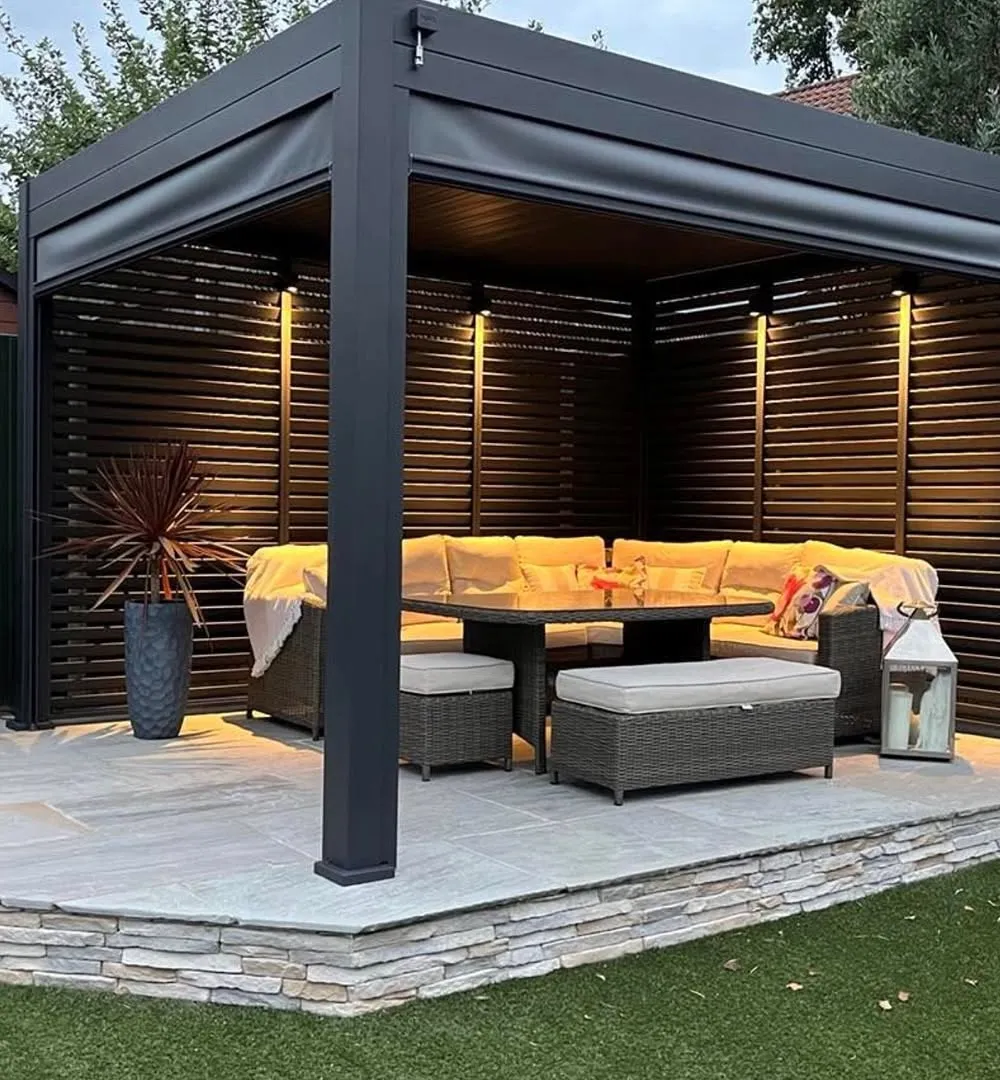 Modern Pergola with Stylish Furniture and Ambient Lighting