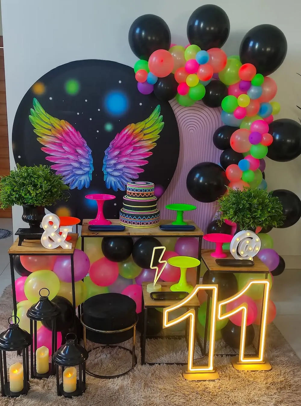 Neon Glow-In-The-Dark Cake Table with Balloon Arch