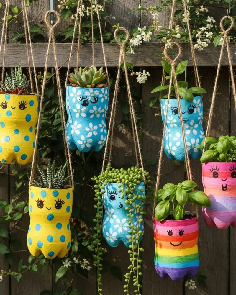 Painted Bottle Face Planters