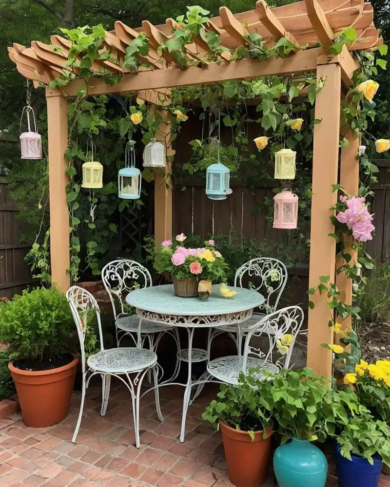Pastel Lantern Pergola With Round Dining Table