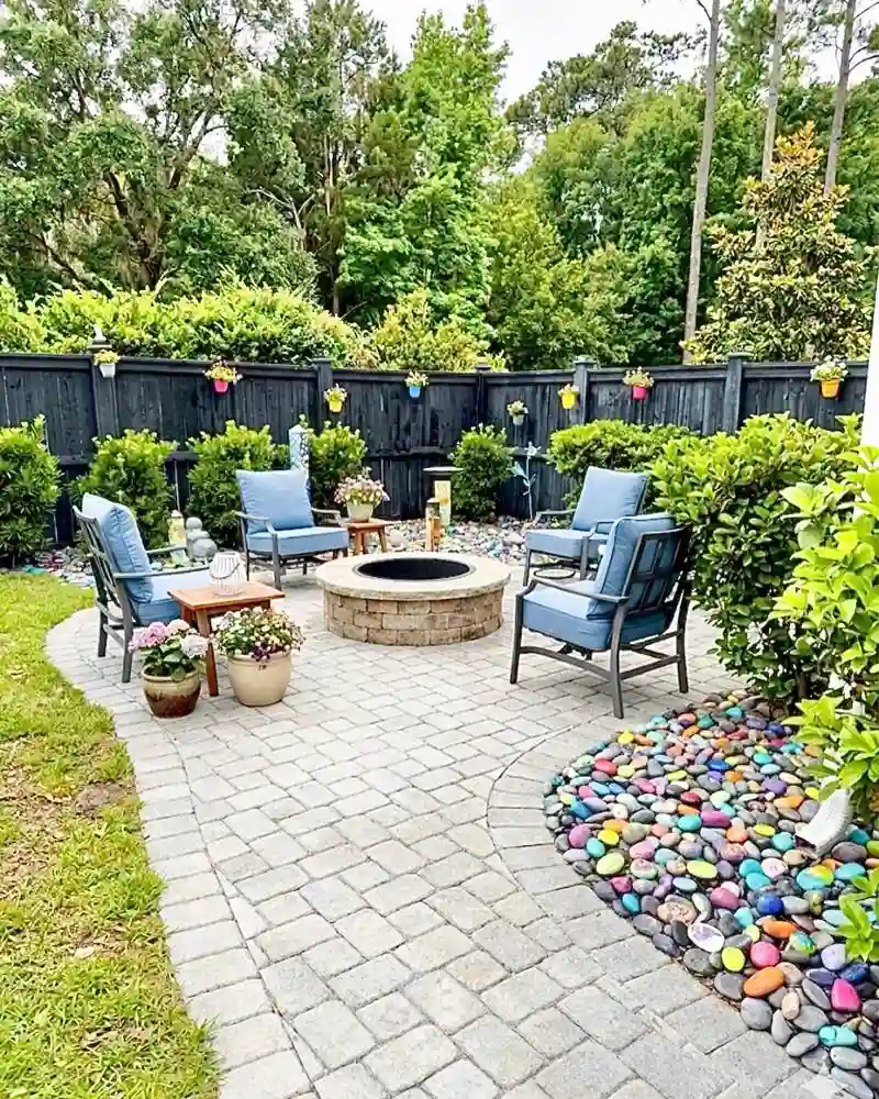 Paver Patio Fire Pit with Painted Rock Border