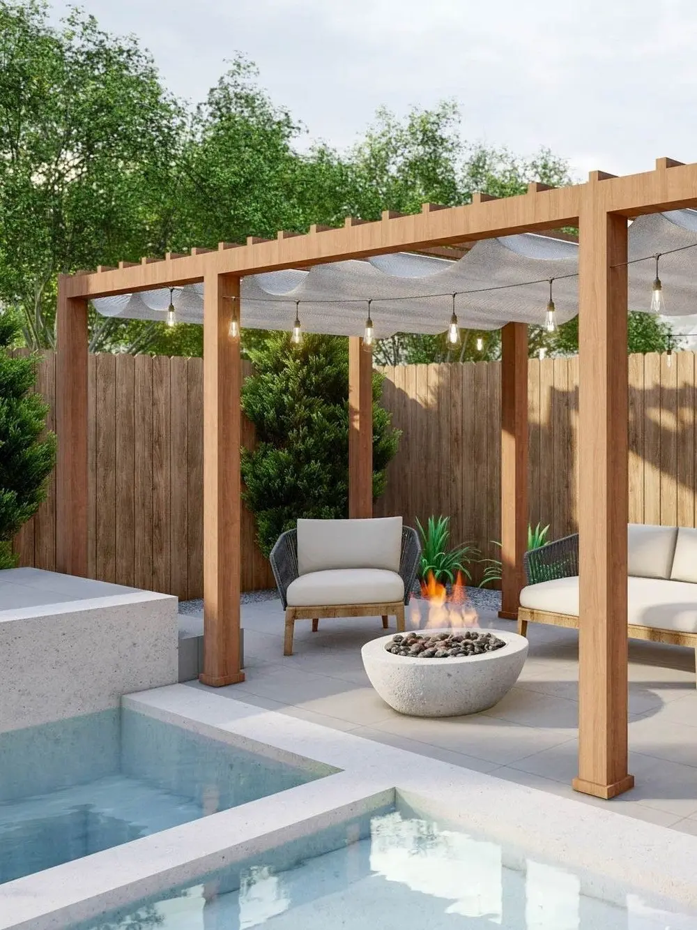 Pergola with Fire Pit and Poolside Relaxation