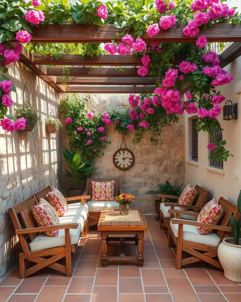 Pink Blossom Pergola Above A Cushioned Lounge Set
