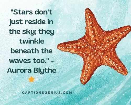 Quotes For Starfishย - Stars don't just reside in the sky; they twinkle beneath the waves too. - Aurora Blythe.