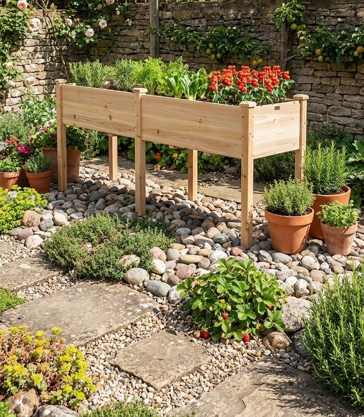 Raised Wooden Planter On Pebbles