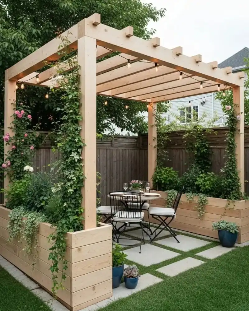 Raw Timber Pergola with Planter Box Walls