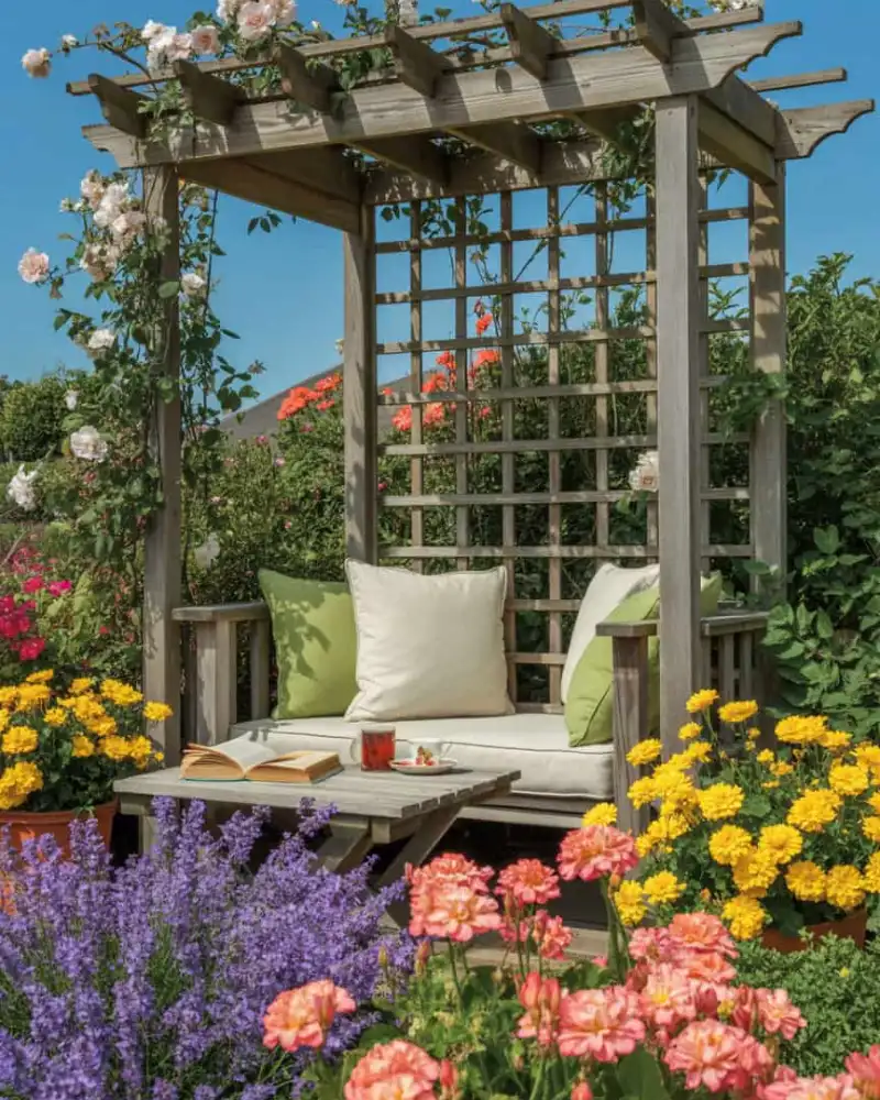 Reading Bench Beneath A Rose-Covered Arbor