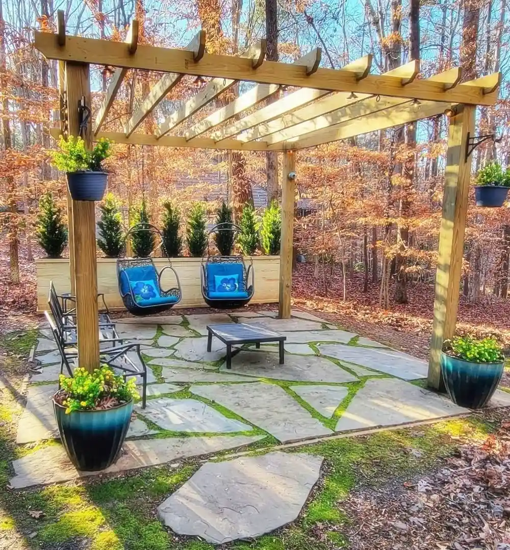 Rustic Pergola with Swing Chairs