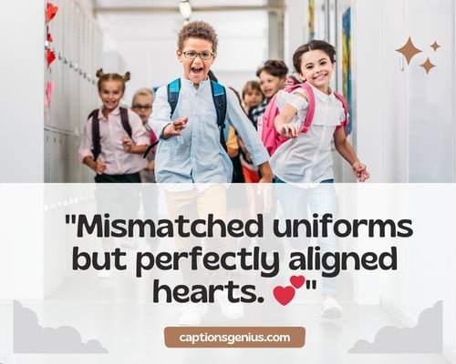 School Friends Captions For Instagram - Mismatched uniforms but perfectly aligned hearts.