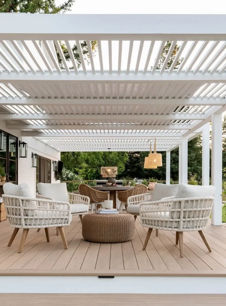 Sleek White Pergola with Stylish Seating