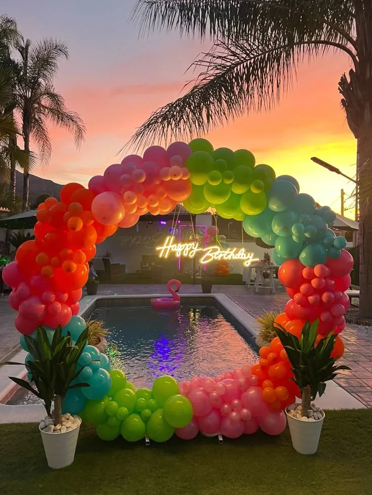 Tropical Balloon Arch Pool Party Setup