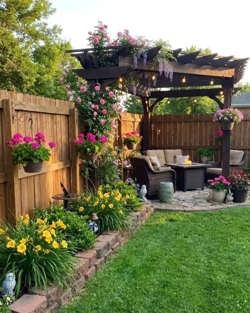 Wicker Fire Pit Corner by a Rose Arbor