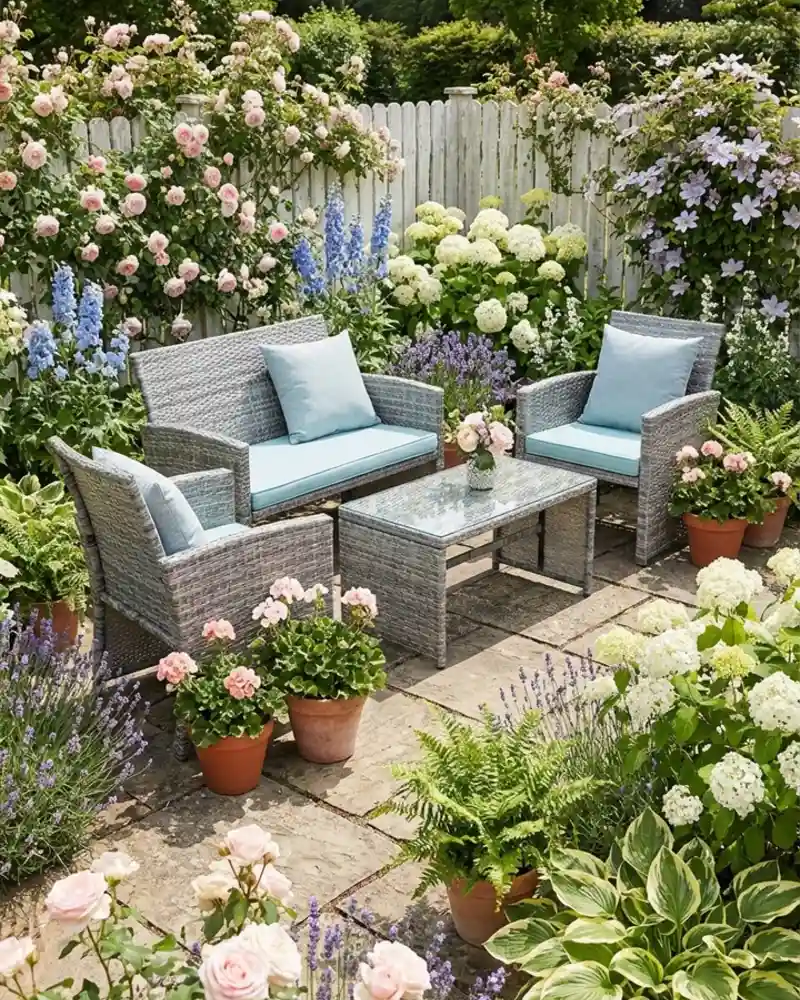 Wicker Loveseat in a Cottage Border
