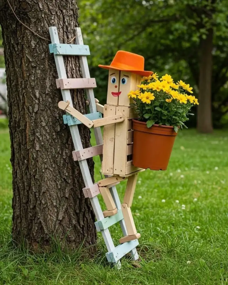 Wooden Ladder Man Planter Holder