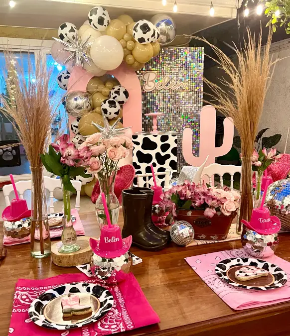 Pink and Cow Print Table Decor