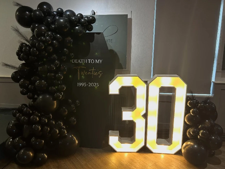 Coffin Board and Feathered Balloons