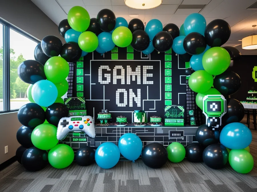 Pixelated "Game On" Green and Blue Setup