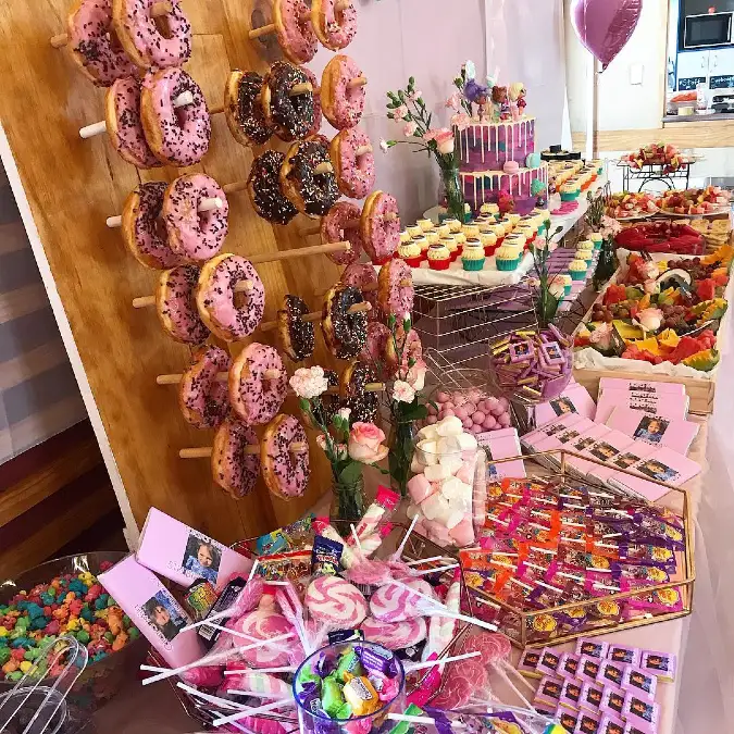 Wooden Donut Stand and Dessert Spread