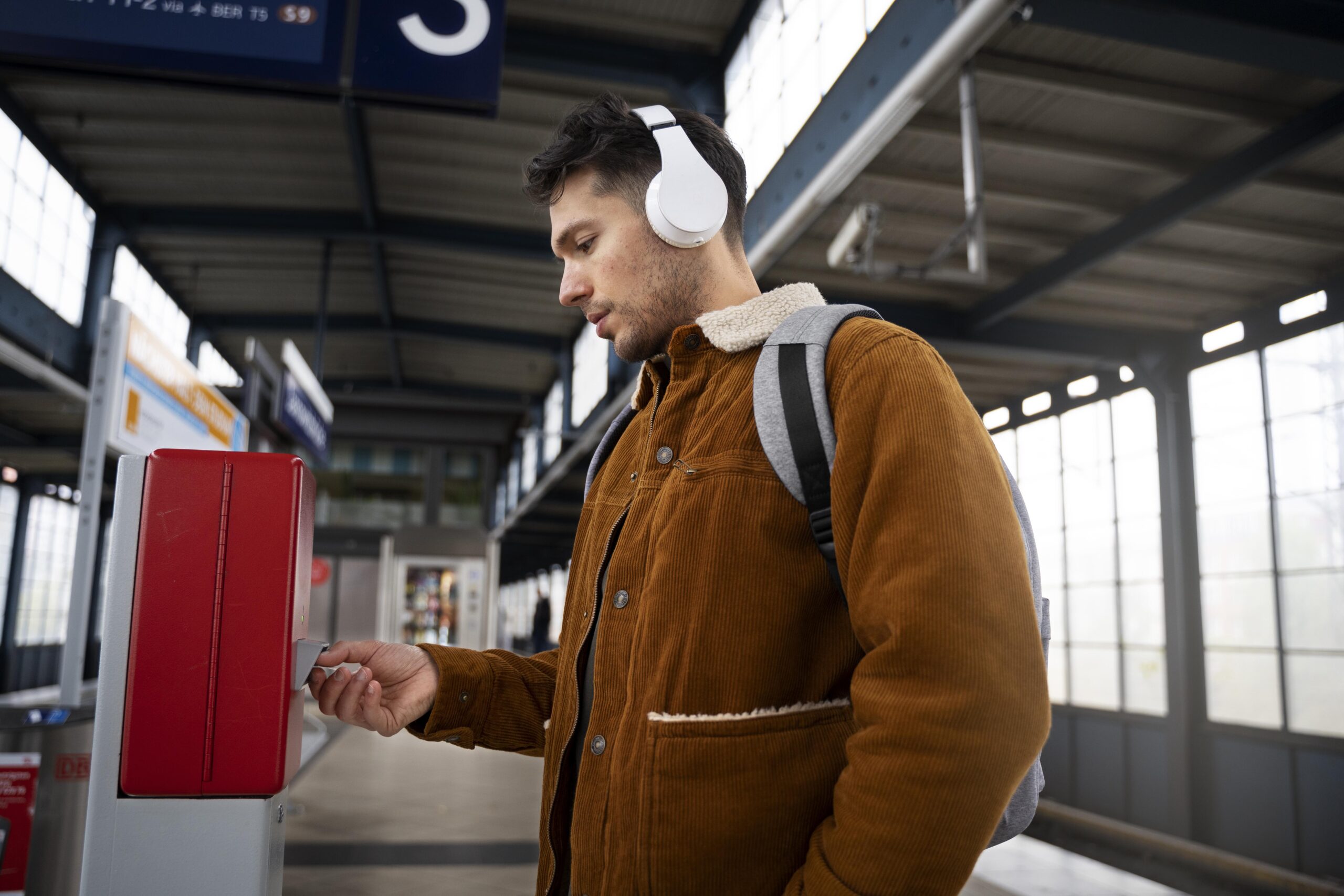 medium-shot-man-buying-ticket Wearing Noise-Canceling Headphones at Gates